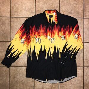 Men's Vintage Roper Skulls & Flames Western Pearl Snap Button Shirt-Size XL